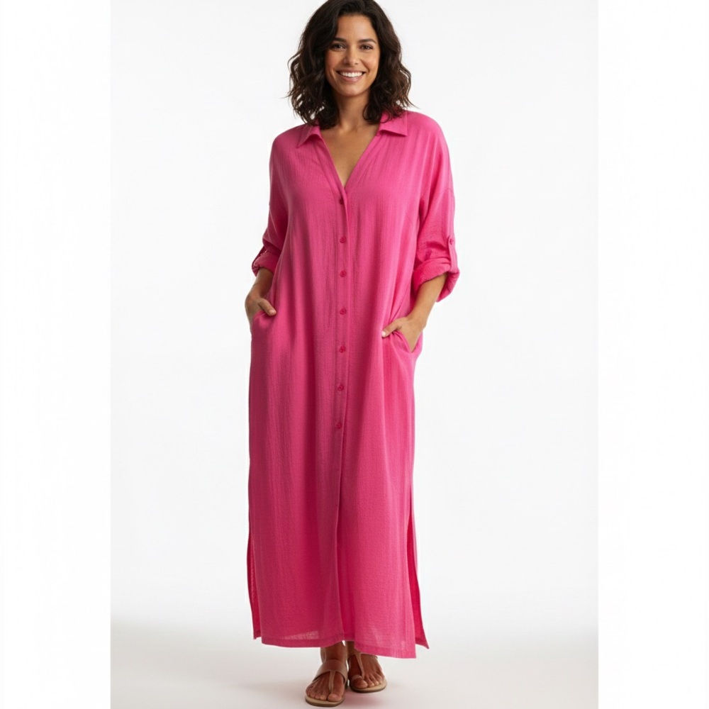 JLUXLABEL Midi‎ Shirtdress Semi sheer Pink Button-Up Dress